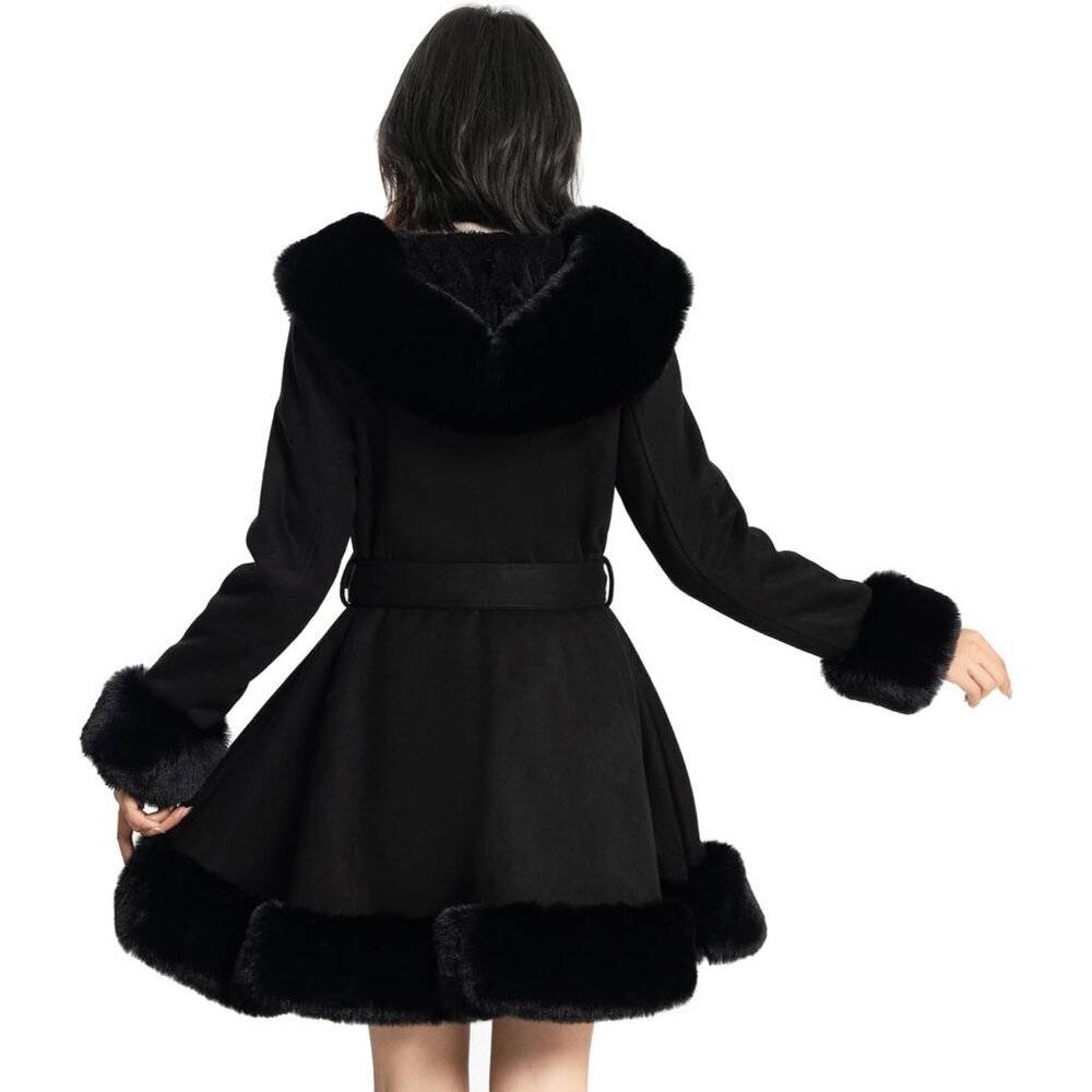 Women’s Black  Winter Faux Fur Leather Coat with Belt Long Sleeve Peplum - Picture 3 of 5